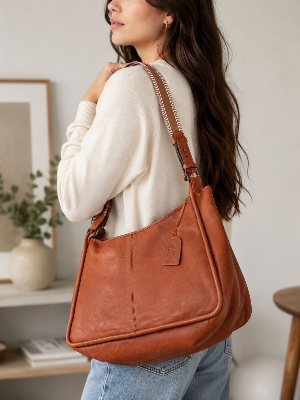 Genuine Leather Buttery Soft Shoulder Tote Bag - Cognac Brown